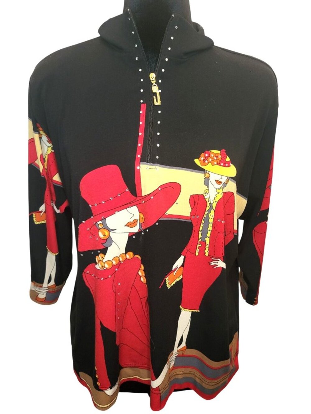 John Farah Vintage 80s Black Red Ladies Print 1/4 Zip Sweater XL Funky Art Glam